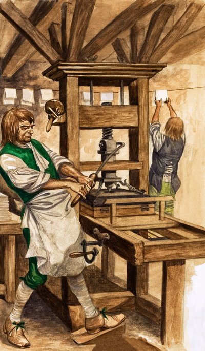 カクストン社のプレス機（紙にガッシュ 作： Peter Jackson