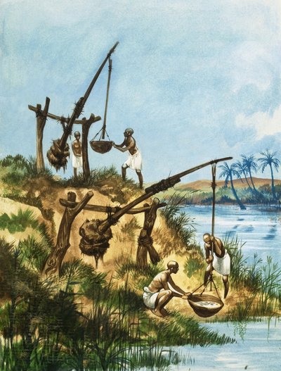 ナイル川から水を得るために、シャドーフと呼ばれるウェイトとポールのシステムを使用している初期のエジプト人 作： Peter Jackson