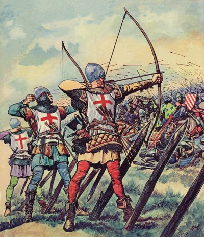 クレシーの戦い」でのイングランドの弓使い（カラーリトグラフ 作： Peter Jackson