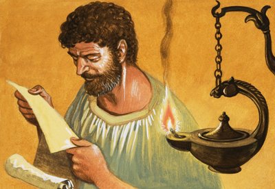 光あれ！ギリシャ語の男がランプの光で読書 作： Peter Jackson