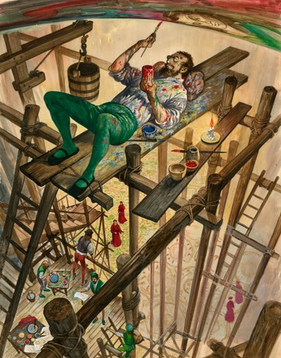 ミケランジェロがローマのシスティーナ礼拝堂の天井を描いており、法王ははるか下から見ています 作： Peter Jackson