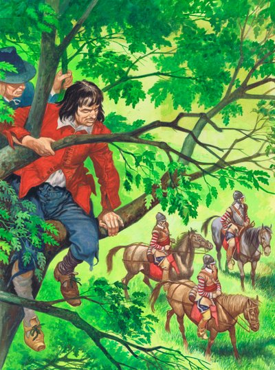 ボスコベルオークに隠れている将来のチャールズ2世国王（紙にガッシュ） 作： Peter Jackson