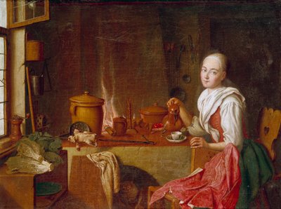 Lady in her kitchen 暖炉の前でコーヒーを飲む若い女性。ペーター・ヤコブ・ホーレマンス（1700-1776）の絵画（ec.flam.）18世紀ミュンヘン。アルテ・ピナコテーク 作： Peter Jacob Horemans