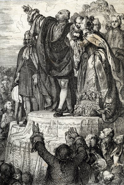 Celebração da Primeira Federação Nacional em 14 de julho de 1790 no Altar da Pátria em Champs-de-Mars, por ocasião do primeiro aniversário da tomada da Bastilha: o rei Luís XVI, cercado por sua família prestando juramento no constituir 作： Peter Johann Nepomuck Geiger
