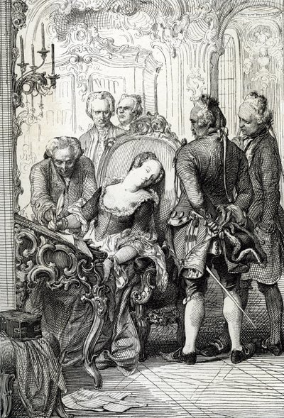 デンマークのキャロライン・マチルド女王 (1751-1775) は、1772 年の婚外交渉の後、離婚書類に署名することを余儀なくされました (デンマークのキャロライン・マチルダ女王は、1772 年 4 月に姦淫のために離婚届に署名しました)。 作： Peter Johann Nepomuck Geiger