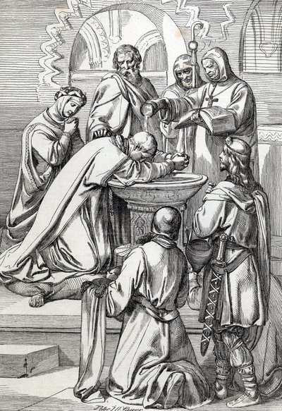 Representação de Santo Agostinho de Canterbury (falecido em 604), enviado à Inglaterra pelo Papa Gregório Magno em 596 para converter os anglo-saxões - Ele está aqui antes de Ethelbert, rei anglo-saxão de Kent (552? -616) que ele batizou em 597 (Agostinho, 作： Peter Johann Nepomuck Geiger