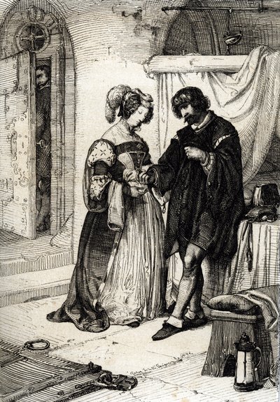 エセックス伯ロバート・デヴァルー (1565-1601) は反逆罪で死刑を宣告され、エリザベス・ハワード、ノッティンガム伯爵夫人、英国のエリザベス・イエールの名誉の貴婦人、女王への忠誠の指輪誓約を手渡した 作： Peter Johann Nepomuck Geiger