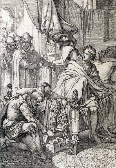 オーストリアのチャールズ (1545-1568) (ドン・カルロス) が 1568 年にスペインのフェリペ 2 世の息子 (カルロス、アストゥリアス王子の長男、スペインのフェリペ 2 世の法定相続人) によって逮捕された。 1568 年初頭の父) ペンを描く d 作： Peter Johann Nepomuck Geiger