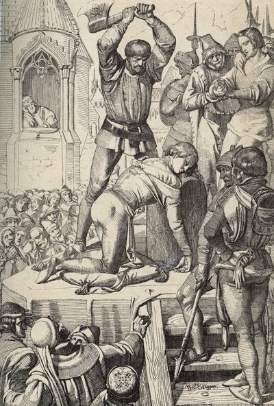 Sisilian kuninkaan Conradinin (tai Conrad of Hohenstaufenin) ja Swabian herttuan (1252-1268) teloitus Charles Anjoun käskystä Tagliacozzon taistelun jälkeen vuonna 1268 (Conradinin (tai Conrad nuoremman), viimeisen Stauferin kuninkaan teloitus Sisilia, per 作： Peter Johann Nepomuck Geiger
