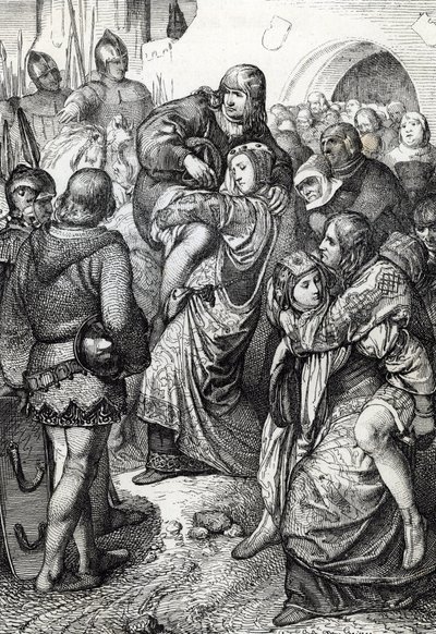 ヴァインスベルクの忠実な女性たち (Treue Weiber von Weinsberg): 1140 年にホーエンシュタウフェンのコンラート 3 世によってヴァインシュベルク包囲戦で敗れた兵士の妻たちは、夫を背負っています。 作： Peter Johann Nepomuck Geiger