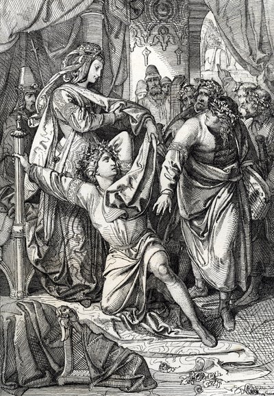 1207 年にドイツのヴァルトブルク城の詩のコンテスト: ミネサンジェルスは詩的なゲームで競い合い、伯爵夫人 (ハインリッヒ・フォン・オフターディンゲン、サンゲルクリーグに参加したミネシンガー (ミンストレルの c) 作： Peter Johann Nepomuck Geiger