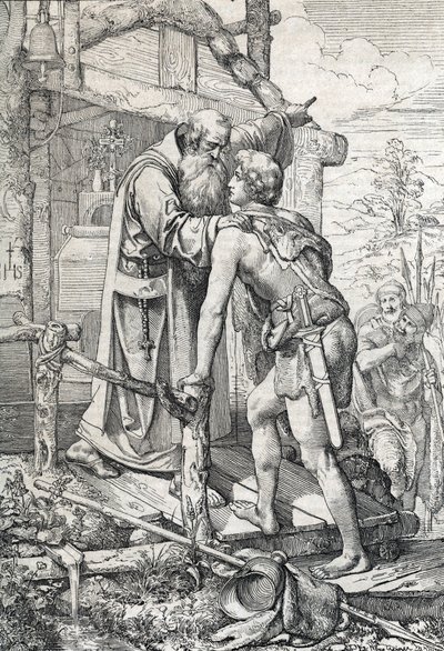 O jovem Odoacre (ca. 433-493) recebendo a bênção de Severin, Apotre de Norique, ca. 470 (Odoacro conhece o monge Severinus de Noricum, que descobre que um dia ele se tornaria famoso, 470 ca) Desenhando uma caneta desenhada de “” Historische Memorabilian de 作： Peter Johann Nepomuck Geiger