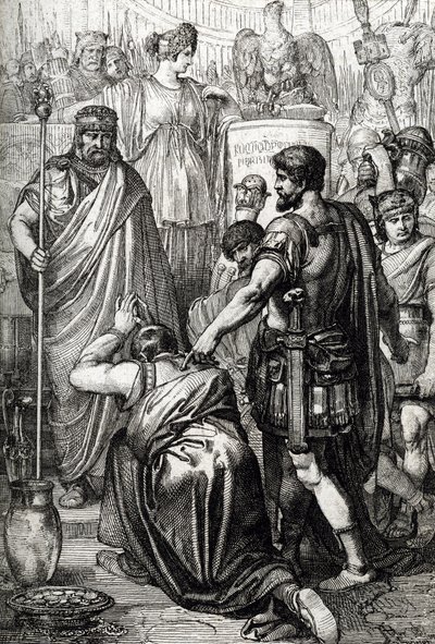 Vandal War: “” The surrender of the King of the Vandals Gelimer kneels before the Byzantine General Belisaire (500-565) in March 534, Carthage, Africa” (Vandalic war: vandal king Gelimer surrendering to general Belisarius, 534, Africa) Drawing a pen drawn  作： Peter Johann Nepomuck Geiger
