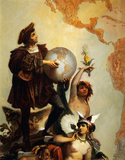 クリストファー・コロンブス (1451-1506)、世界の支配者としてのハプスブルク家のチャールズ 5 世 (1500-1558) の寓話の詳細、ピーター・ヨハン・ネポムク・ガイガー (1805-1880) の絵画、玉座の間、ミラマーレ城、トリエステ、フリウリ ベネチア ジュリア、イタリア 作： Peter Johann Nepomuk Geiger