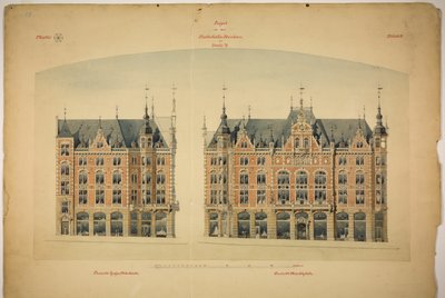 Rathskeller new building, Halle (Saale), Saxony-Anhalt, ドイツ、立面図 作： Peter Joseph Weber