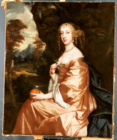 風景の中にオレンジを持っているレディペネロペニコラスの肖像画 作： Peter Lely