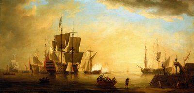 夕暮れ時、停泊する他の船とイギリスの建物。キャンバスに油彩、18世紀初頭、ピーター・モナミ（1681-1749）作。 作： Peter Monamy