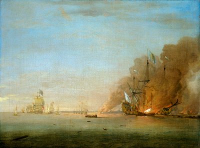 1692年5月23日、ラ・ホーグの海戦における「ソレイユ・ロワイヤル号」の破壊 作： Peter Monamy