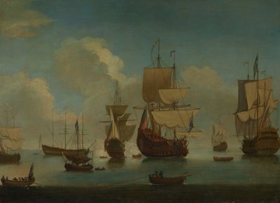 凪の中、帆を乾かして停泊するイギリスの軍艦 18世紀初頭 （油彩・キャンバス） 作： Peter Monamy