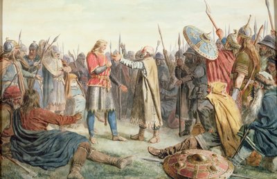 Olav Tryggvason が Oreting の王に選ばれました 作： Peter Nicolai Arbo
