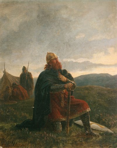 スティクレスタッドの戦いの前に祈りを捧げる聖オラフ (キャンバスに油彩) 作： Peter Nicolai Arbo