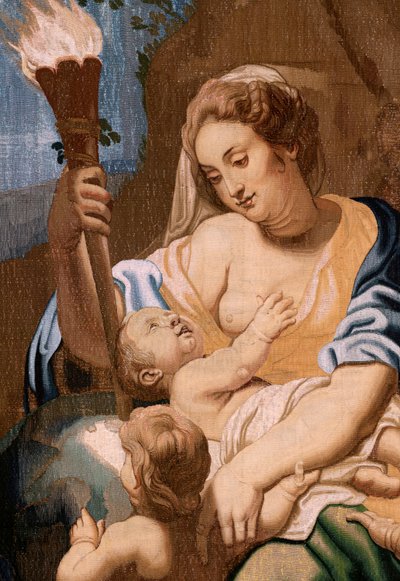 フランダースのタペストリー。 シリーズ聖体の勝利。 世界を啓発する慈善の寓意 (Alegoría de la Caridad iluminando al mundoà. シリーズの 20 番目のタペストリー。 モデル ピーター パウル ルーベンス。 1626-1628 年。 製造 Jan II Raes、ブリュッセル 作： Peter Paul (after) Rubens