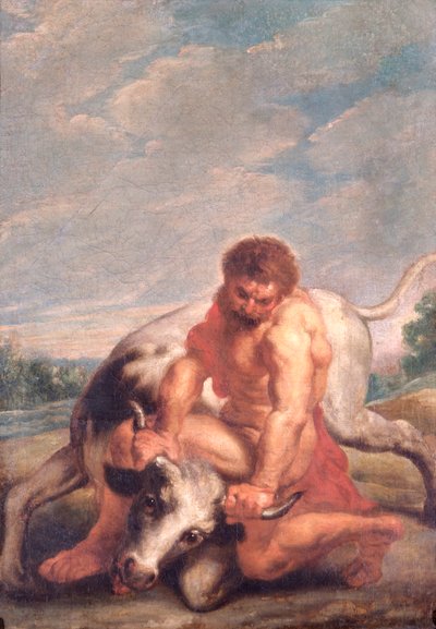 雄牛の形でアケロースとレスリングするヘラクレス（キャンバスに油彩） 作： Peter Paul (after) Rubens