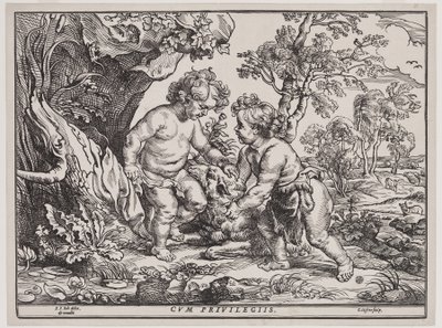 子羊と戯れる幼いキリストと聖ヨハネ クリストフェル・イェーガー（1596-1653）による1632年以降のエングレーヴィング（木版）。 作： Peter Paul (after) Rubens