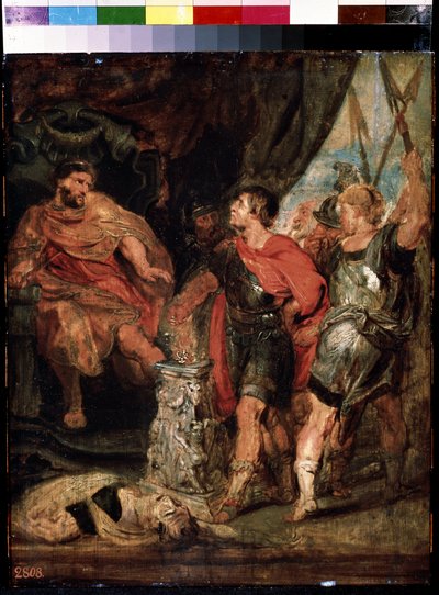 Mucius Scaevola devant Porsenna (Mucius Scaevola before Porsenna)。 Caius Mucius Scaevola, jeune patrician romain capture par la garde Royale de Porsenna (Porsinna, Porsena) 作： Peter Paul (studio of) Rubens