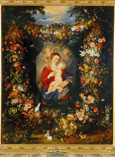 花と果実の花輪をつけた聖母子マリア... 作： Peter Paul & Brueghel Jan (1601-78) Rubens