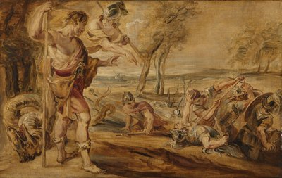 ミネルバに導かれ、スパルトイの戦いを観察するカドモス 作： Peter Paul Rubens (after)