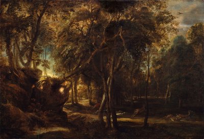 鹿狩りの夜明けの森、ca。 1635年。 作： Peter Paul Rubens