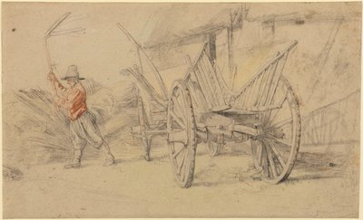 荷馬車の横で脱穀する男、背後に農家の建物 作： Peter Paul Rubens