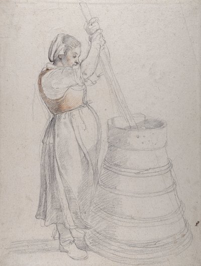 バター作りをする農民の少女（白紙に黒と赤のチョークとペン 作： Peter Paul Rubens