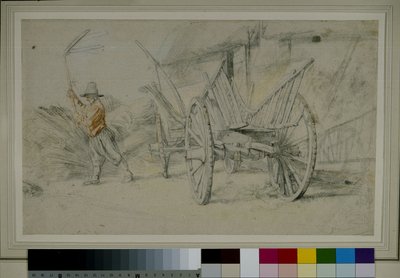ワゴンの横で脱穀している男性、後ろには農場の建物 作： Peter Paul Rubens