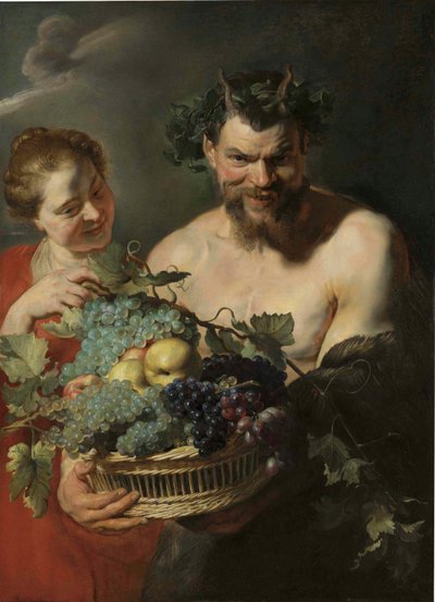 ブドウとリンゴの籠を持つサテュロスとニンフ ペーター・パウル・ルーベンス作 作： Peter Paul Rubens