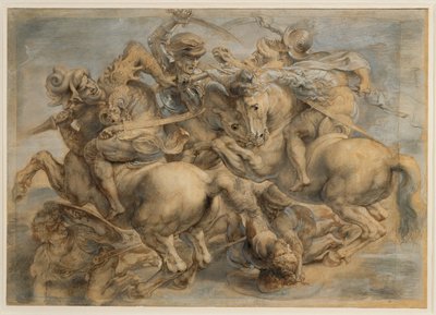 アンギアーリの戦い（茶墨、黒石、筆、ペン、グワッシュと鉛白で強調） 作： Peter Paul Rubens