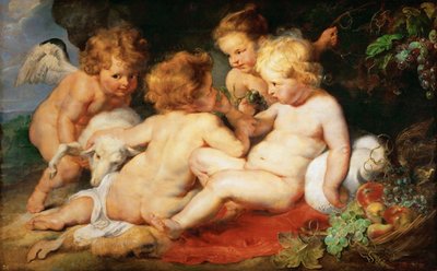 子供時代のキリストと洗礼者ヨハネ、2人の天使 - ピーテル・パウル・ルーベンス（1577-1640）。木に油彩、1615-1620年頃。寸法：76,5x122,3 cm。ヴィエンヌ美術史博物館 作： Peter Paul Rubens