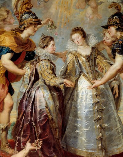 1615年9月11日、ヘンダイのビダソア川におけるフランスとスペインの二人の王女の交換 オーストリアのアンヌとルイ13世の結婚、フランスのイザベラ（1602-1644）とフィリップ4世の結婚を寓意的に表現したもの。 作： Peter Paul Rubens