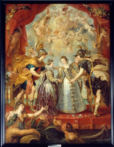 1615年9月11日、ヘンダイのビダソア川におけるフランスとスペインの二人の王女の交換 オーストリアのアンヌとルイ13世の結婚、フランスのイザベラ（1602-1644）とフィリップ4世の結婚を寓意的に表現したもの。 作： Peter Paul Rubens