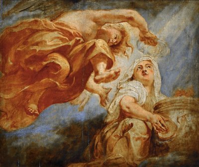 天才戴冠宗教。ジェームズ1世の神格化のためのスケッチ 作： Peter Paul Rubens