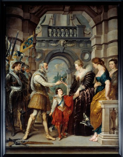 ヘンリー4世（1543-1610）はドイツ戦争に出発し、3月20日にはメディシス家の女王マリー（1573-1642）に王国の統治を委ねた。 作： Peter Paul Rubens
