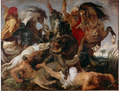 カバとワニの狩り。ピエール・ポール（Pierre-Paul）・ルーベンス（またはPeter PaulまたはPetrus Paulus）（1577-1640）の絵画 作： Peter Paul Rubens