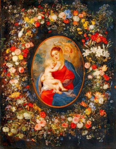 花輪の真ん中にいる聖母子のイエスと天使たち 作： Peter Paul Rubens