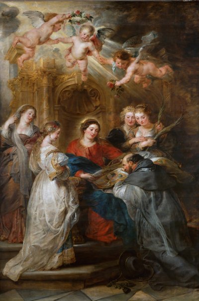 La vision de Saint Ildefonse (606-667), la Vierge lui donne une chasuble - Panneau central du retable de saint Ildefonso - Ildefonso Altarpieceの中央パネル、ルーベンス、ピーテル・ポール（1577-1640）作。木に油彩、1630-1631年頃。ヴィエンヌの美術史博物館 作： Peter Paul Rubens