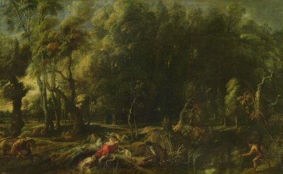 前のカリドニアイノシシの狩りのある風景 作： Peter Paul Rubens
