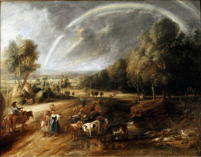 虹のある風景 絵画 ピーター・ポール（ピエール＝ポール）・ルーベンス（またはピーター・ポールまたはペトルス・パウルス）（1577-1640）の作品 1638年頃 薄暗い。94x123 cm アルテ・ピナコテーク、バイエリッシュ・スタッツゲマエルデザムルング、ミュンヘン、ドイツ 作： Peter Paul Rubens