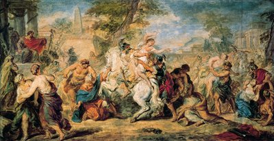 ""The Rape of the Sabines"" 女性の不足を補うために、ロムルスとローマ人は近隣のサビニ人を誘拐し、力ずくで連れ戻そうとします。 戦闘は、戦士の間に介入するサビニ人のおかげで回避されます。 作： Peter Paul Rubens