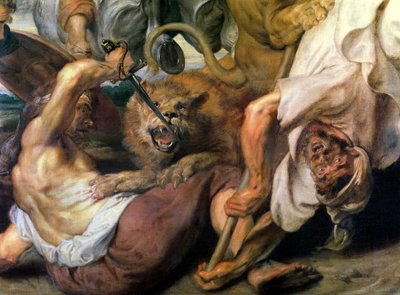 ライオンハント、2人の男性とライオンの詳細、1621 作： Peter Paul Rubens