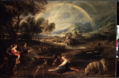 虹のある風景。 Peter Paul (Pierre-Paul) Rubens (または Peter Paul または Petrus Paulus) (1577-1640) による絵画。 キャンバスに油彩、86 x 130 cm、1630 年初頭。フラマン美術、バロック美術。 エルミタージュ美術館、サンクトペテルブルク。 作： Peter Paul Rubens
